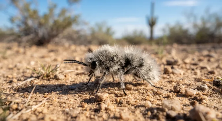 Hormiga de terciopelo blanca y peluda con antenas y patas negras caminando por suelo arenoso del desierto con cactus al fondo