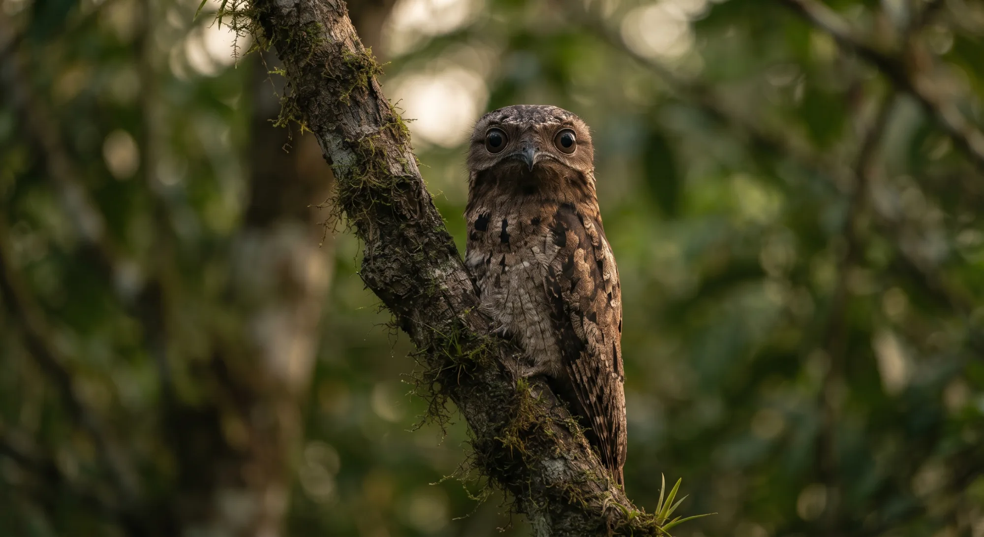 Frogmouth bird perched on a moss-covered branch in a dim forest, staring forward with large eyes and camouflaged brown plumage