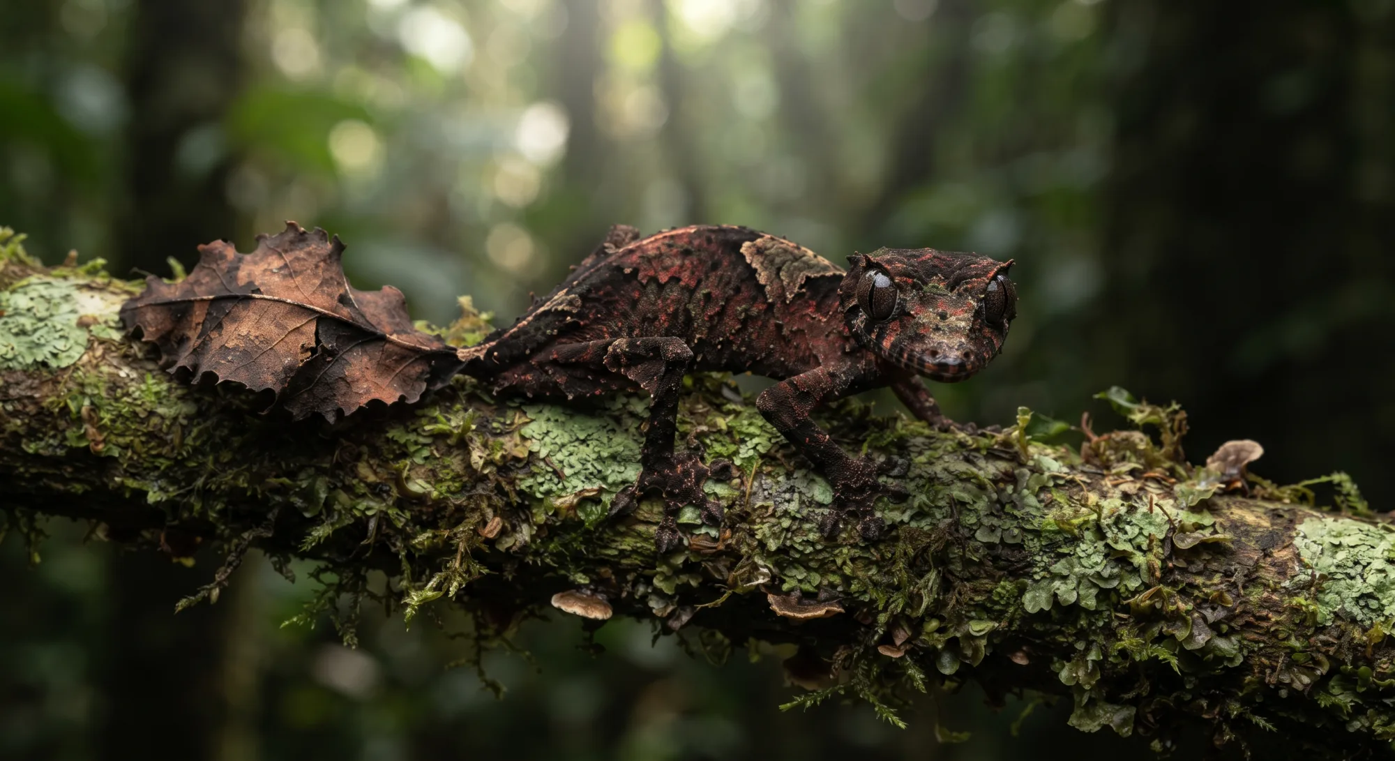 Lagartixa-de-cauda-de-folha camuflada num galho coberto de musgo, com a pele marrom como casca e a cauda em forma de folha se misturando à floresta