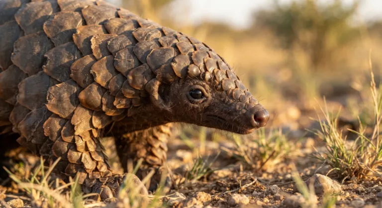Pangolim andando em chão seco numa savana com capim, com as escamas de queratina sobrepostas e o focinho comprido