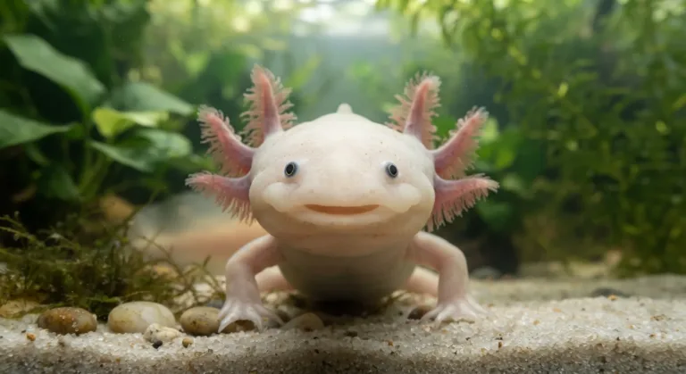 Axolote rosa-claro com brânquias externas plumosas e olhinhos pretos, descansando na areia entre plantas de aquário
