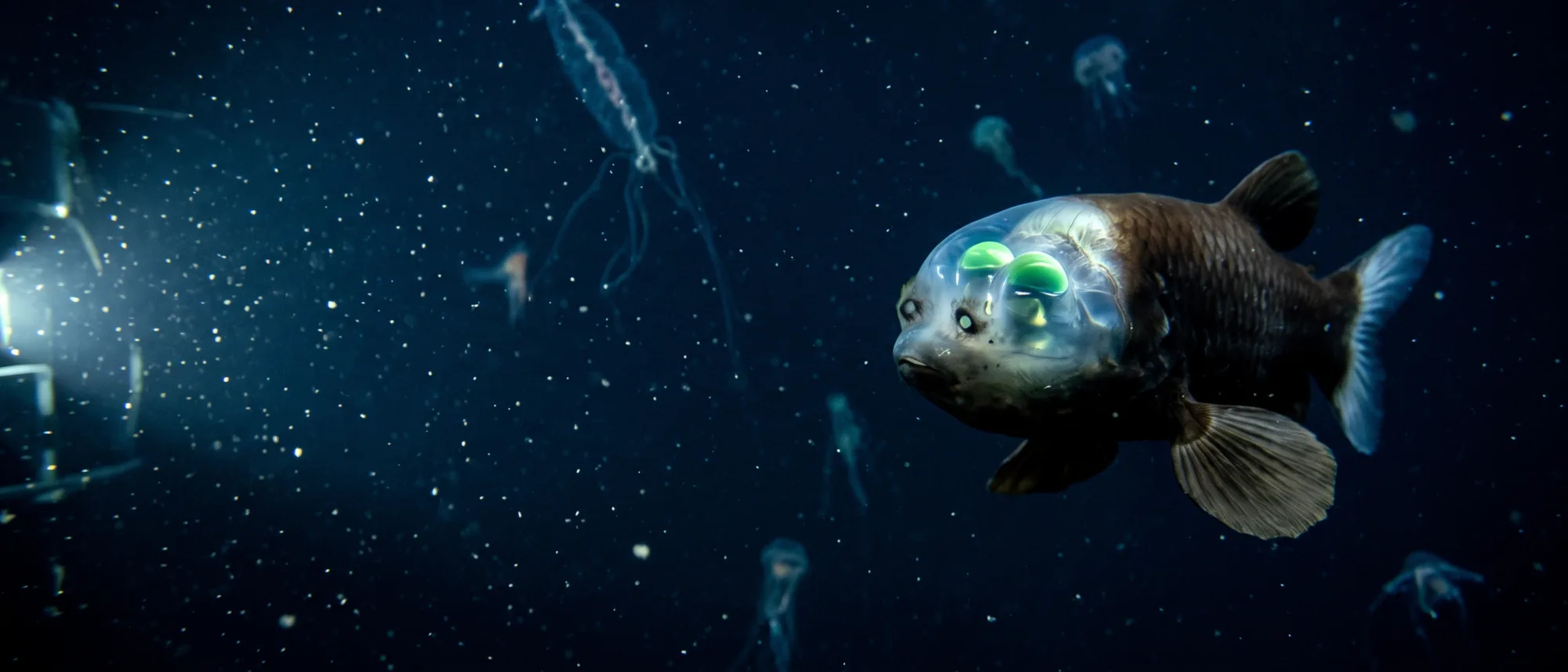 Barreleye fish with a transparent dome-shaped head and green tubular eyes swimming among jellies in the deep sea.