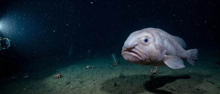 Peixe-bolha nadando sobre o fundo escuro do mar profundo, com corpo pálido e gelatinoso, cara caída e olhos pequenos, cercado de estrelas-do-mar.
