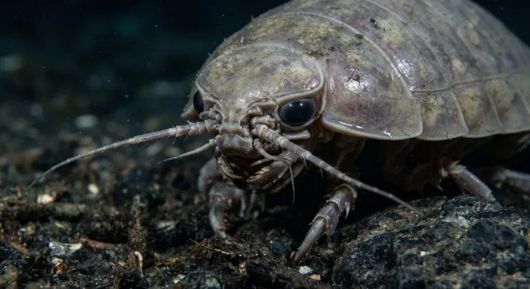 Isópode gigante rastejando no fundo do mar escuro, com antenas compridas, olhos compostos e o corpo segmentado cinza-amarronzado