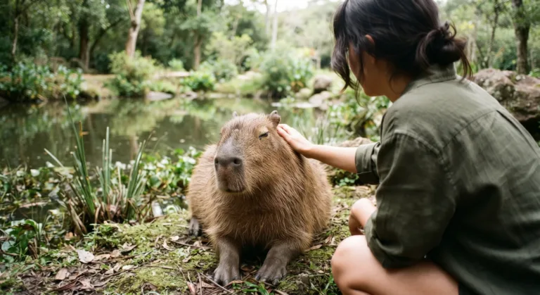Capivara sentada no chão com musgo junto a um lago enquanto uma mulher de camisa verde-oliva faz carinho na cabeça dela