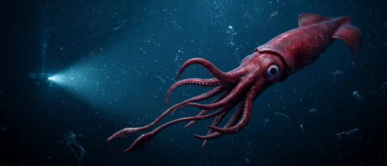 Colossal squid with reddish skin and long tentacles swimming in dark deep-sea water, with a submersible's light beam in the background.