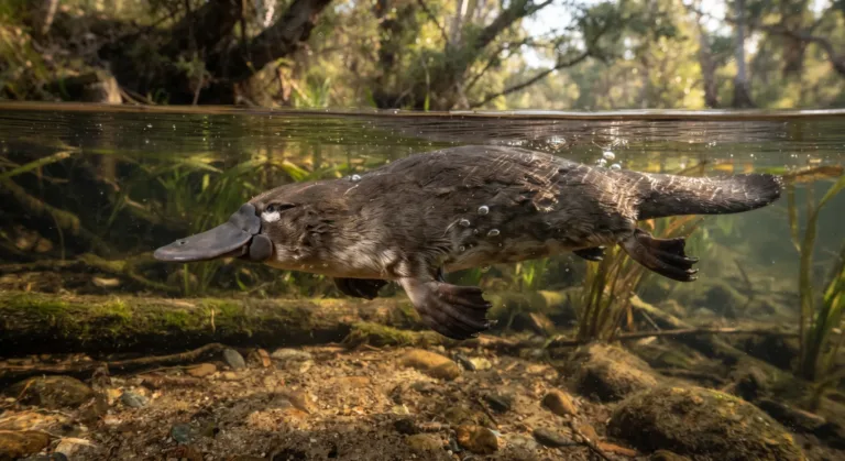 Ornitorrinco nadando debaixo d’água num riacho claro, com o bico achatado, a pelagem marrom densa e as patas com membranas entre plantas aquáticas