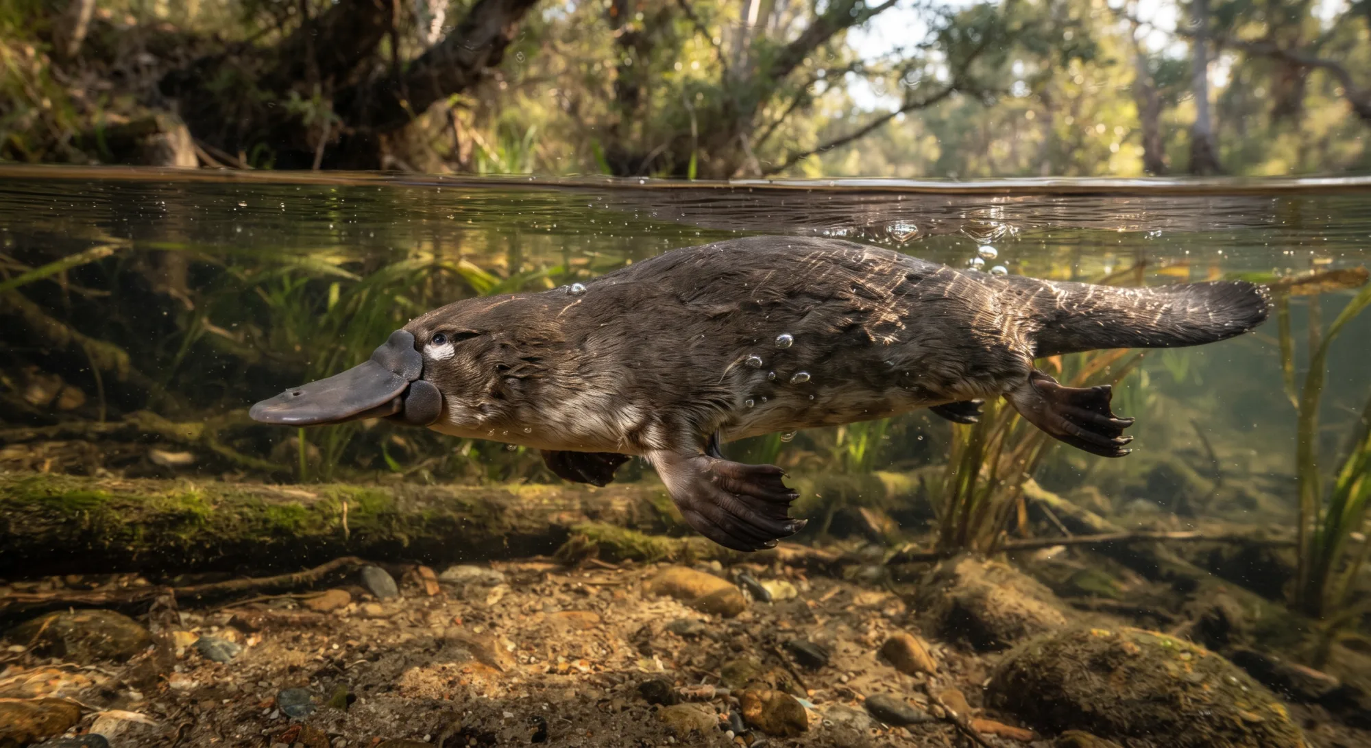 Ornitorrinco nadando debaixo d’água num riacho claro, com o bico achatado, a pelagem marrom densa e as patas com membranas entre plantas aquáticas