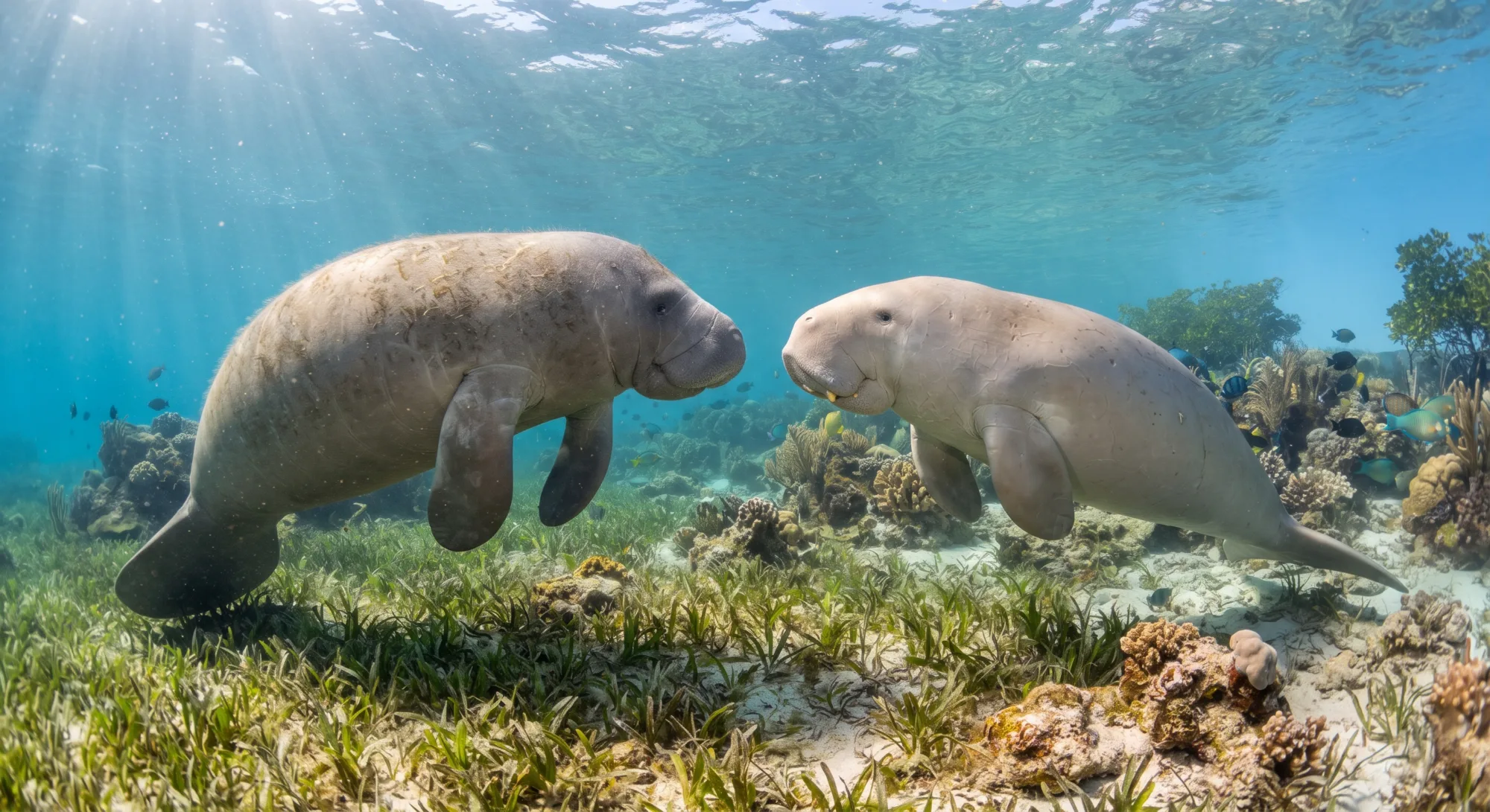 Two dugongs facing each other over seagrass and coral reef in clear turquoise water with sunlight rays