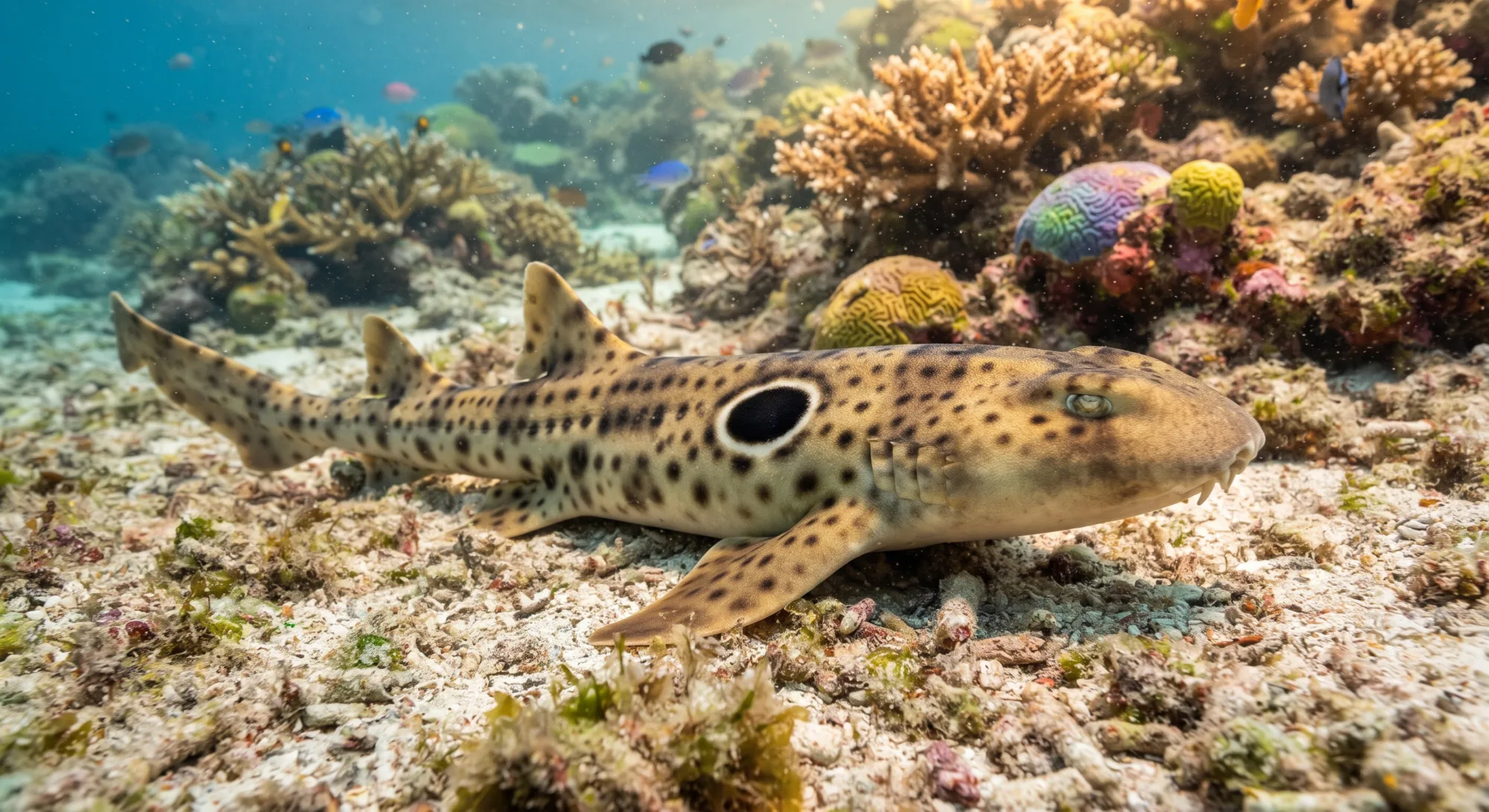 Tiburón leopardo descansando sobre el fondo arenoso de un arrecife, con manchas negras, las aletas pectorales abiertas y coral colorido al fondo