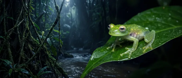 Perereca-de-vidro de pele verde translúcida pousada numa folha molhada numa floresta tropical escura, com um riacho ao fundo