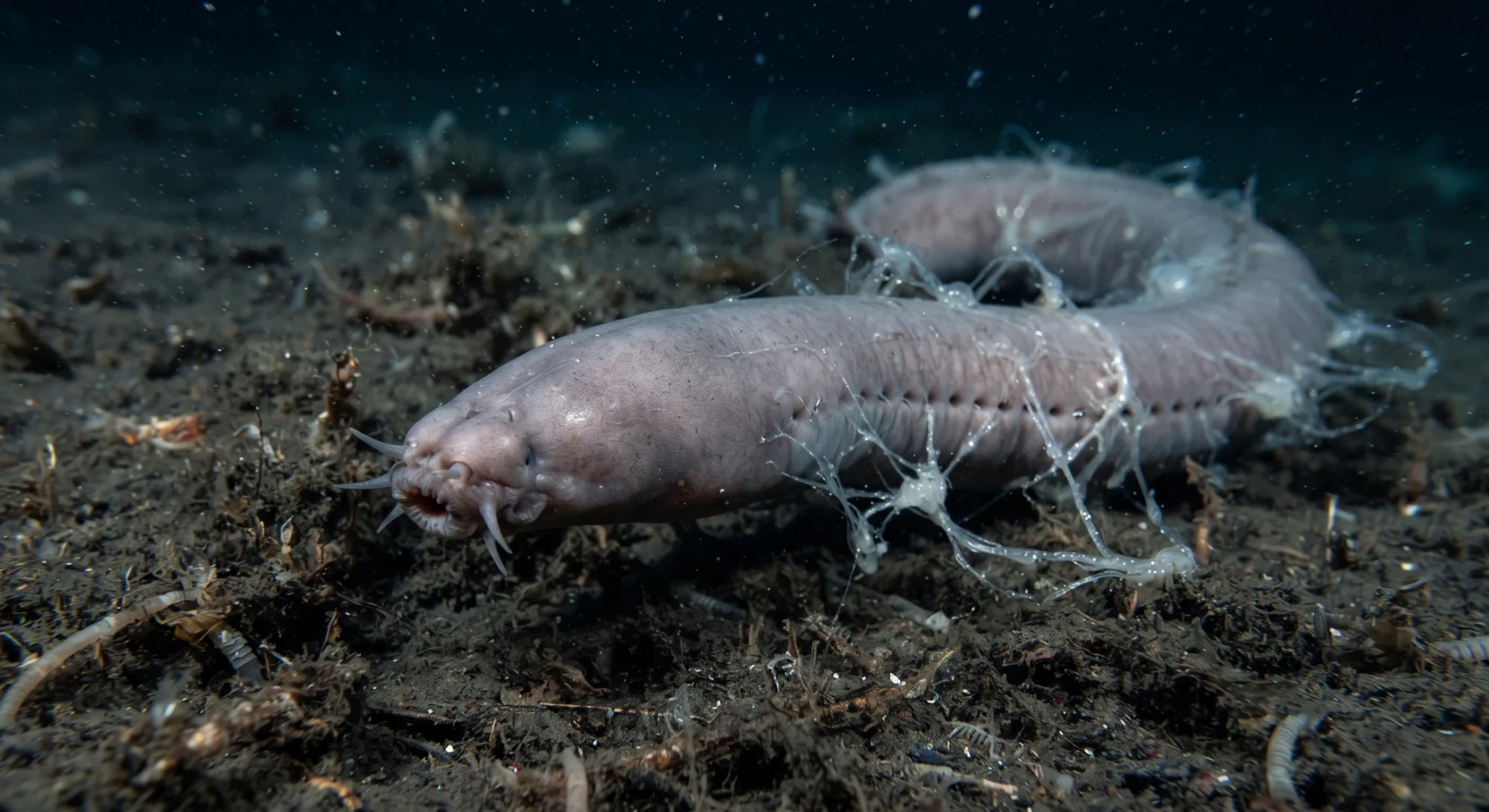 Peixe-bruxa rastejando no fundo do mar com fios de muco saindo do corpo pálido de enguia no sedimento escuro