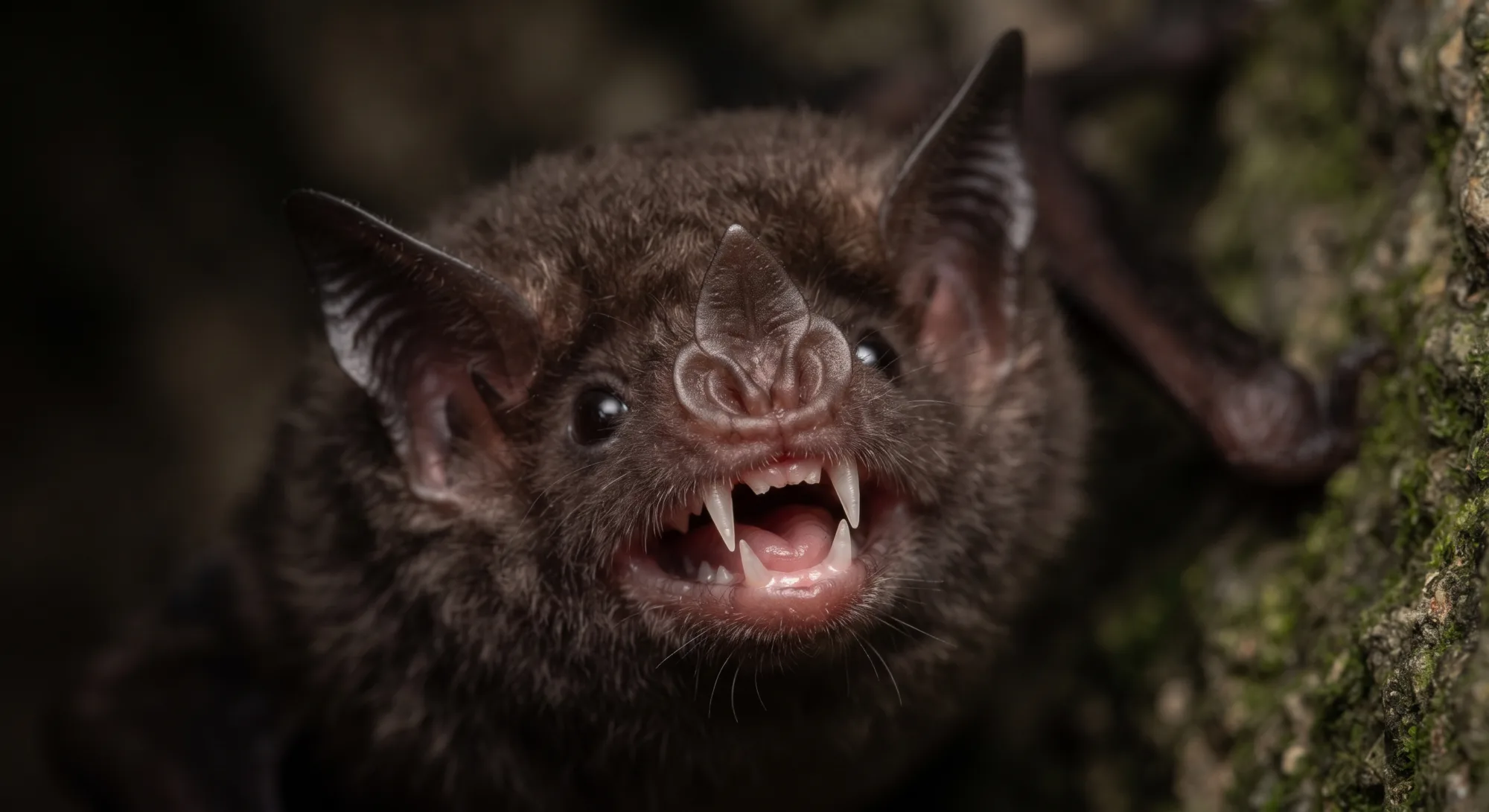 Vampire bat with bared fangs and wrinkled nose leaf, clinging to a mossy surface against a dark background