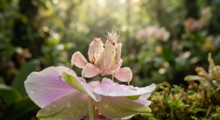 Louva-a-deus-orquídea com o corpo rosa-claro pousado sobre uma flor de orquídea rosa coberta de orvalho numa floresta verde desfocada