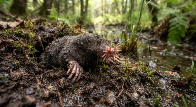 Toupeira-nariz-de-estrela no chão de musgo da floresta perto de um riacho, com o nariz rosado em forma de estrela aberto diante do pelo escuro
