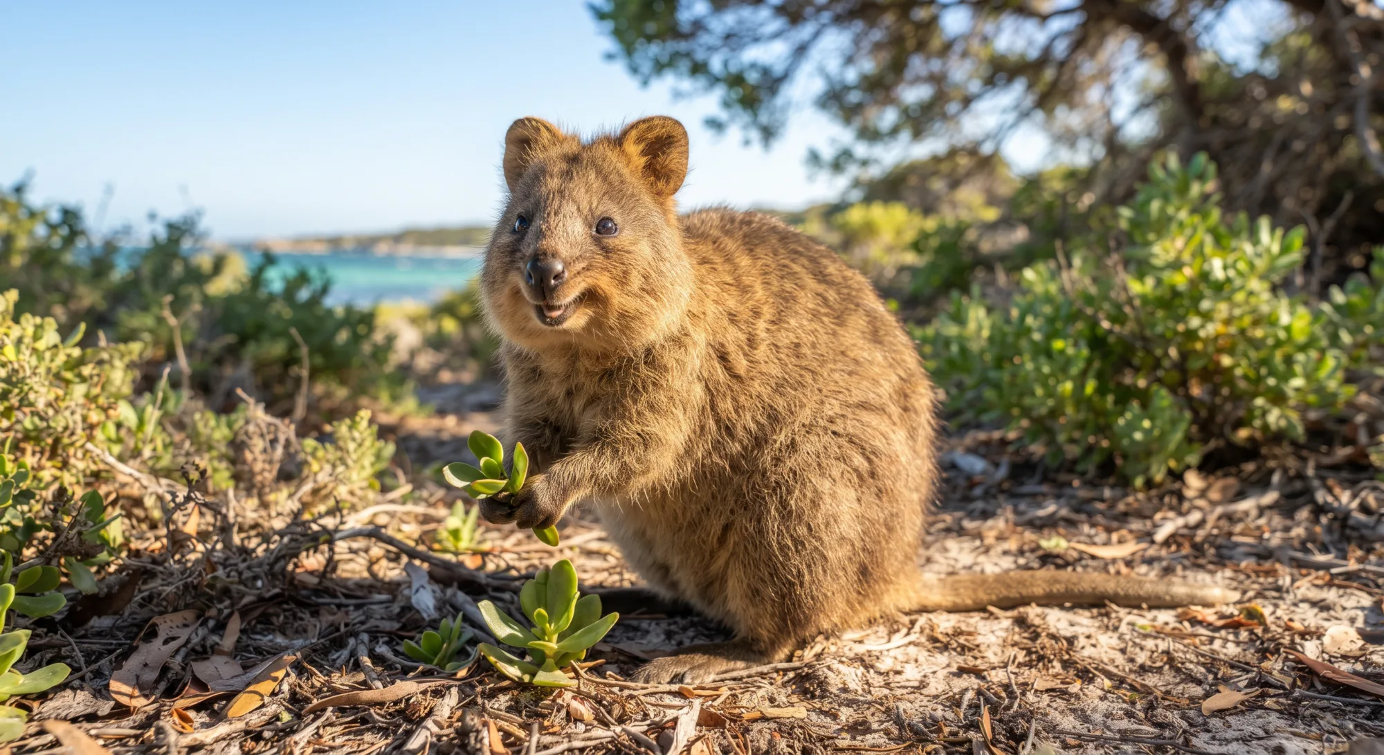 Quokka standing on sandy ground among coastal shrubs, holding a small green leaf and smiling, with the ocean in the background