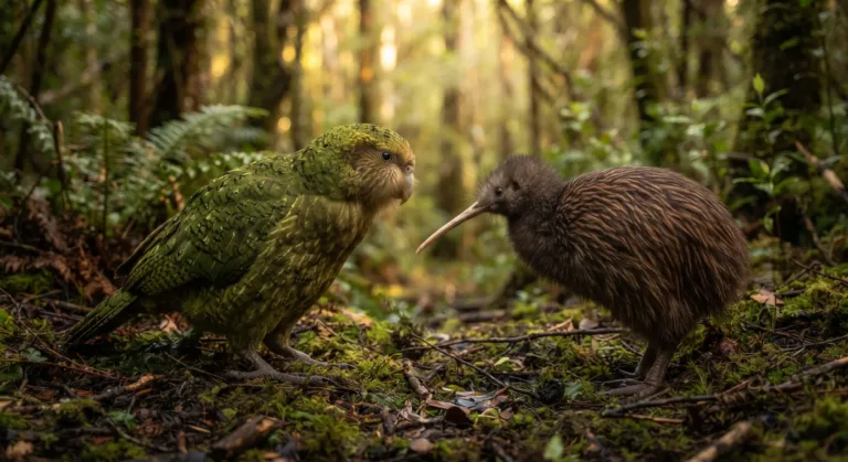Un kakapo verde frente a un kiwi marrón en el suelo musgoso del bosque, con helechos y árboles altos desenfocados al fondo