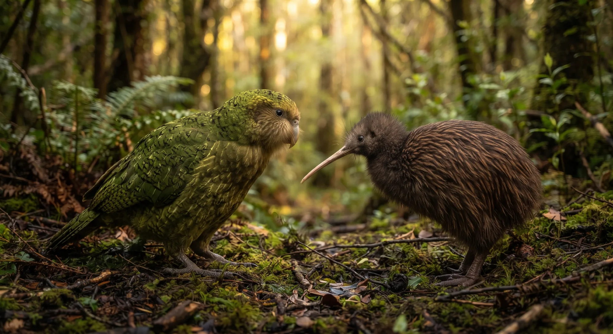 A green kakapo facing a brown kiwi on mossy forest floor, with ferns and tall trees blurred in the background