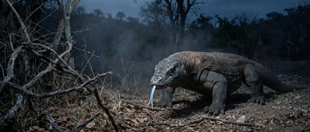 Komodo dragon flicking its forked tongue on a dry forest floor at dusk, with leafless branches and misty hills behind it.