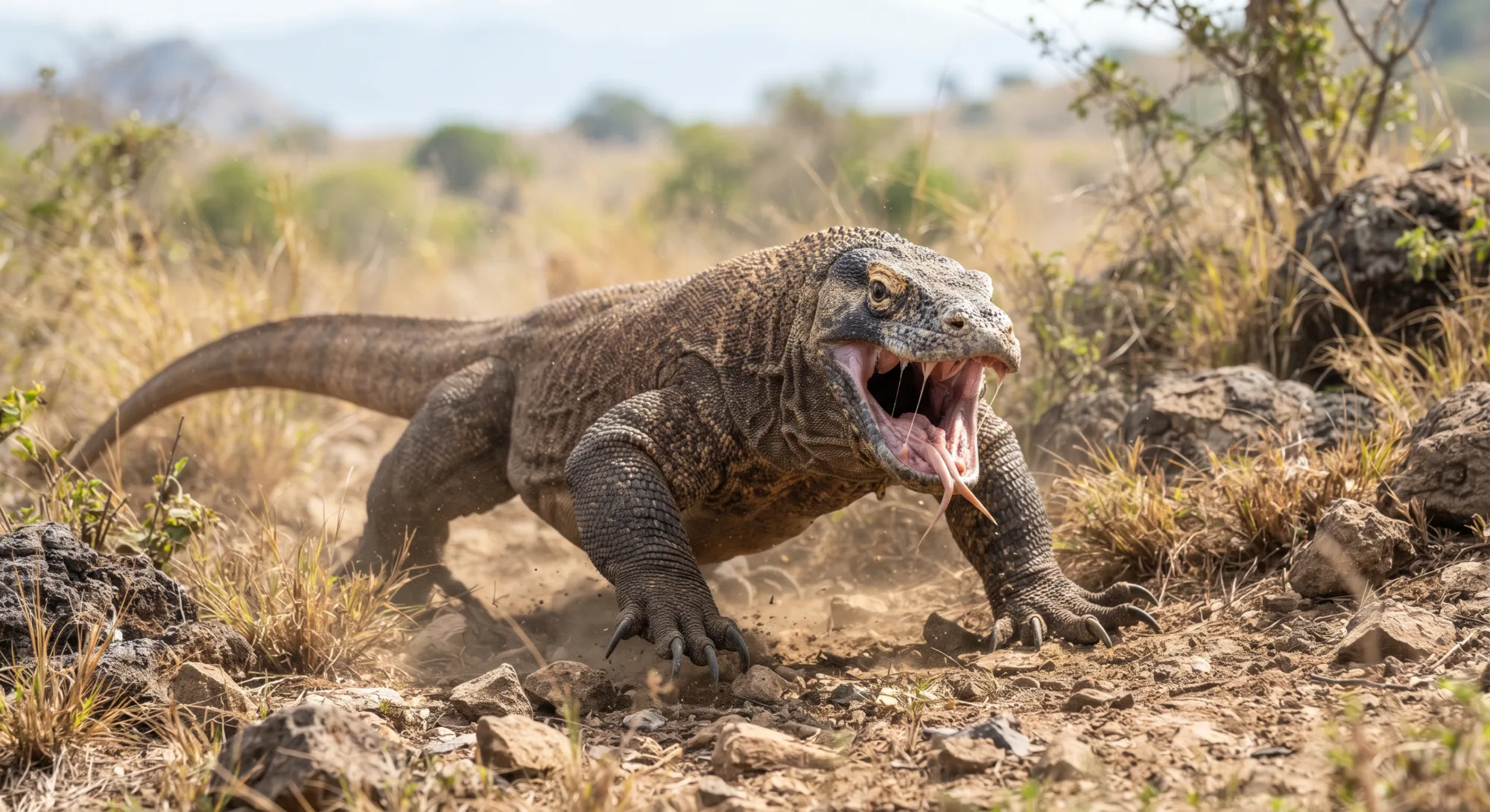 Dragón de Komodo cargando hacia delante con la boca abierta, mostrando la lengua bífida y los dientes, en una pradera seca con rocas