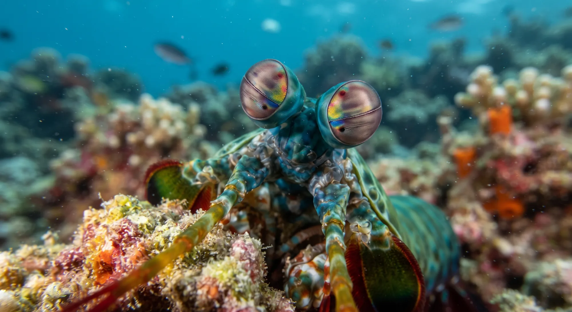 Camarón mantis con ojos compuestos saltones e iridiscentes asomando sobre un arrecife de coral, con el cuerpo colorido y las pinzas levantadas