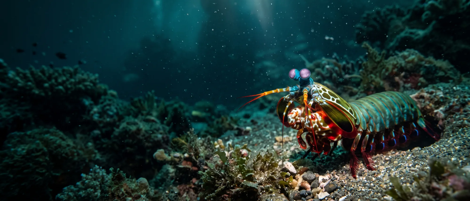 Peacock mantis shrimp with bright purple eyes and striped multicolored body crawling over sandy seafloor near coral.