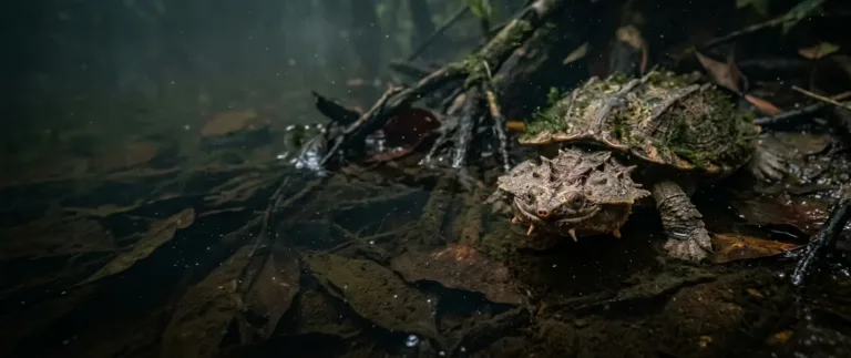 Tartaruga matamatá com cabeça espinhosa parecida com folha e casco coberto de algas, descansando em água escura e turva entre folhas caídas.