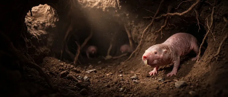 Rata topo desnuda de piel rosada sin pelo y dientes delanteros salientes asomando de un túnel de tierra, con más ratas topo al fondo.