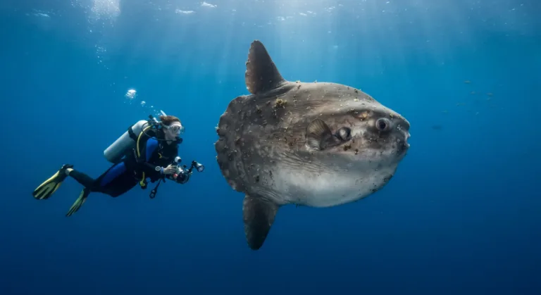 Peixe-lua nadando em águas abertas azuis ao lado de um mergulhador com uma câmera, com a luz do sol atravessando a superfície
