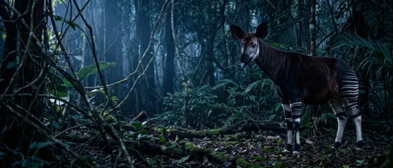 Okapi de pie en una selva oscura y con niebla, con el cuerpo marrón rojizo oscuro, las patas con rayas blancas, las orejas grandes y la lengua fuera