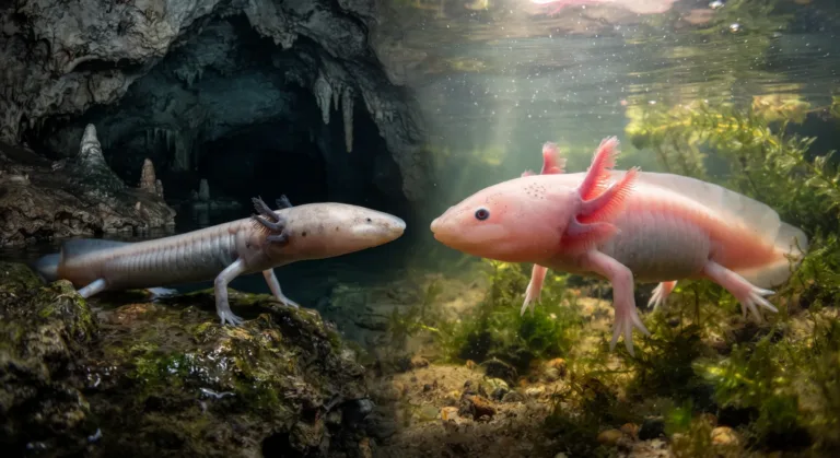 Proteo y ajolote lado a lado: el proteo pálido de cueva a la izquierda junto a rocas y el ajolote rosa con branquias plumosas a la derecha entre plantas acuáticas