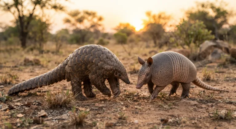 Pangolim e tatu frente a frente no chão seco da savana ao pôr do sol, com as escamas e a carapaça óssea bem visíveis