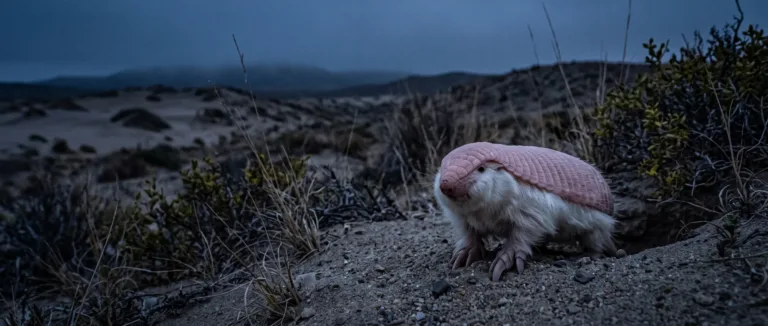 Pichiciego con un suave caparazón rosa y pelo blanco caminando por dunas de arena al anochecer, rodeado de matorral desértico.