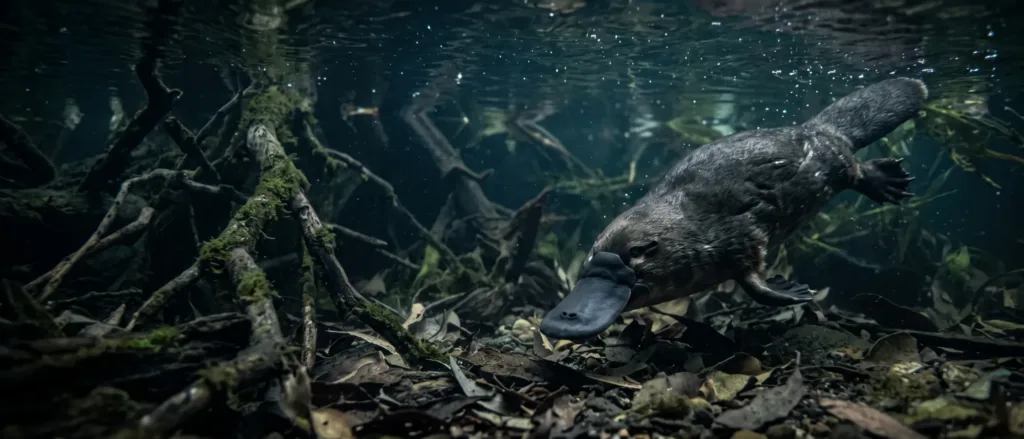 Duck-billed platypus swimming underwater over leafy river bottom, with its flat rubbery bill and webbed feet visible among tree roots.