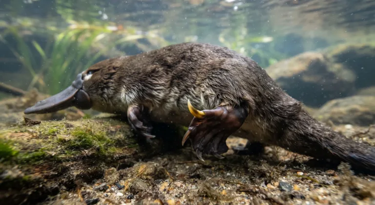 Ornitorrinco nadando debaixo d’água sobre um leito rochoso com plantas aquáticas verdes, mostrando o bico e as patas com membranas