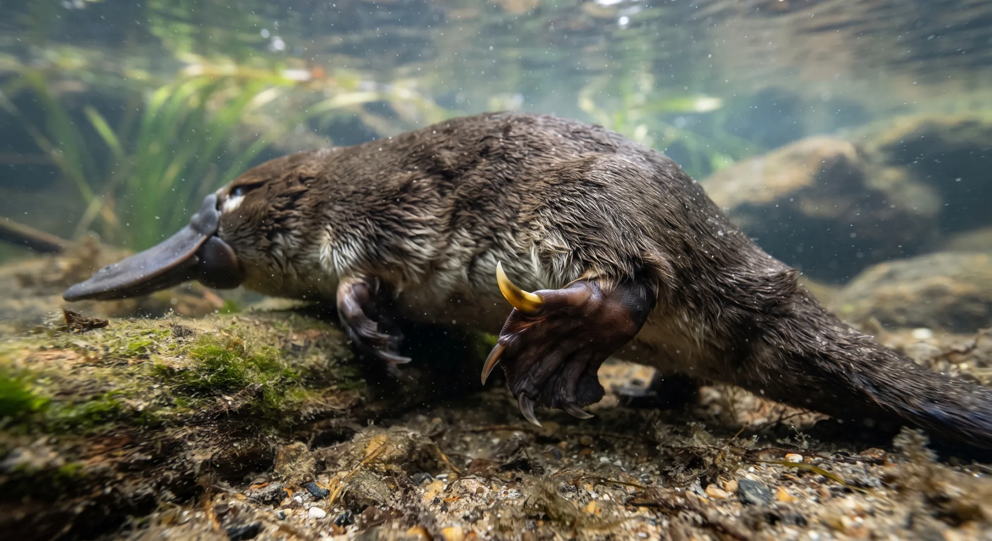 Ornitorrinco nadando debaixo d’água sobre um leito rochoso com plantas aquáticas verdes, mostrando o bico e as patas com membranas