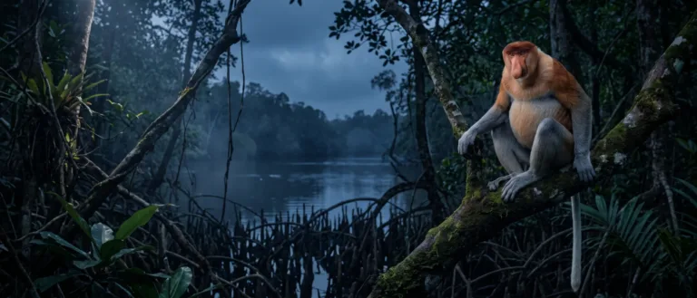 Macaco-narigudo de nariz grande e carnudo pousado num galho com musgo sobre um rio enevoado ao entardecer.