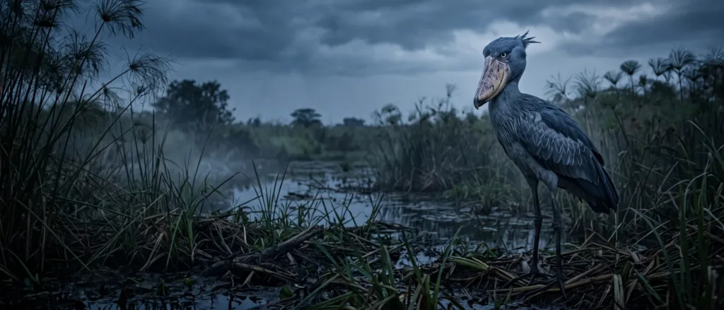 Shoebill stork standing at the edge of a misty swamp, its huge clog-shaped bill and spiky crest visible under a stormy sky.