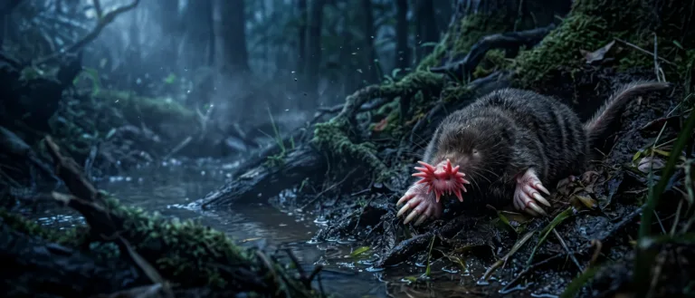 Toupeira-nariz-de-estrela com uma estrela rosa de tentáculos no focinho, cavando a margem lamacenta de um riacho enevoado na floresta.