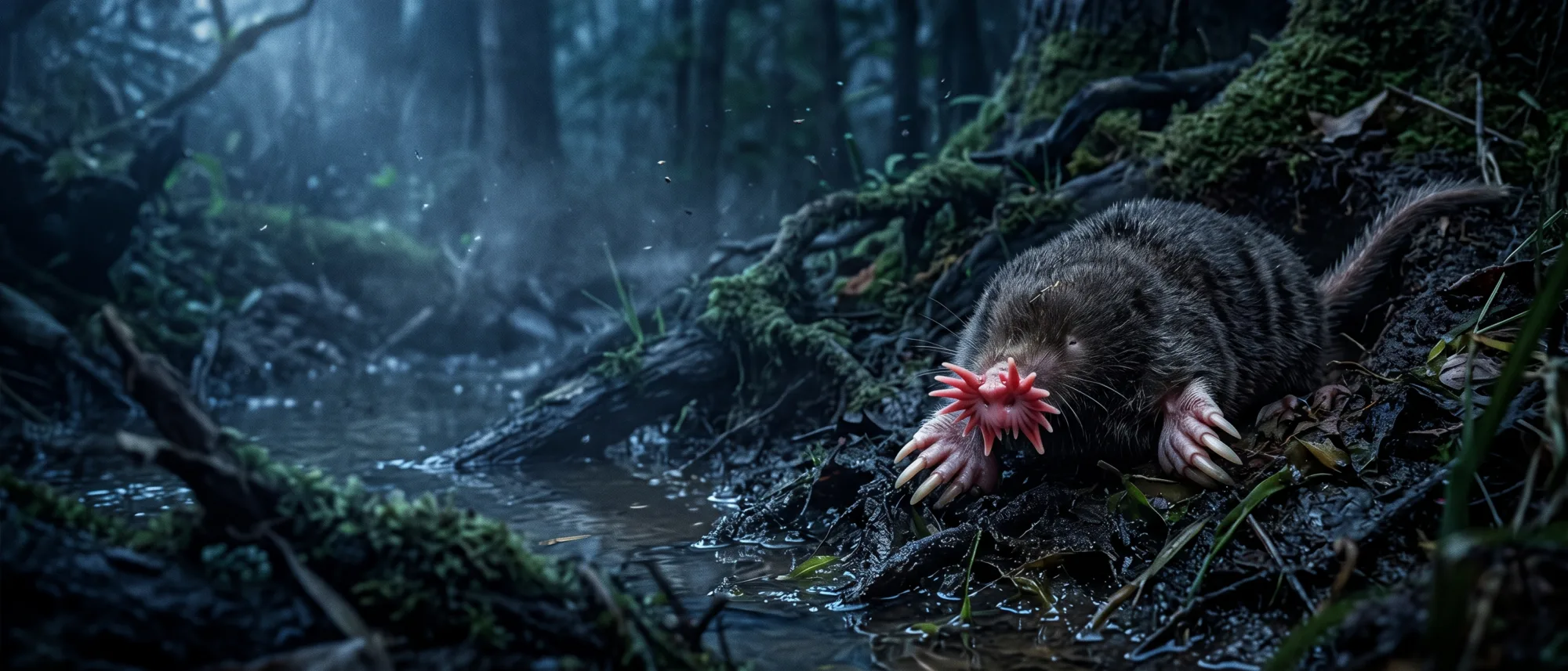 Toupeira-nariz-de-estrela com uma estrela rosa de tentáculos no focinho, cavando a margem lamacenta de um riacho enevoado na floresta.