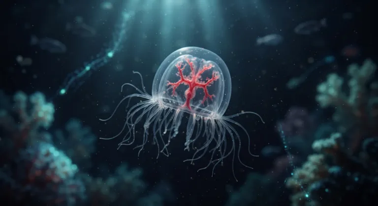 Medusa translúcida con una estructura roja ramificada dentro de la campana y largos tentáculos flotando en agua azul oscura