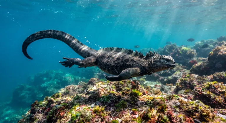 Iguana-marinha nadando debaixo d’água sobre um recife rochoso colorido, com a cauda comprida curvada atrás