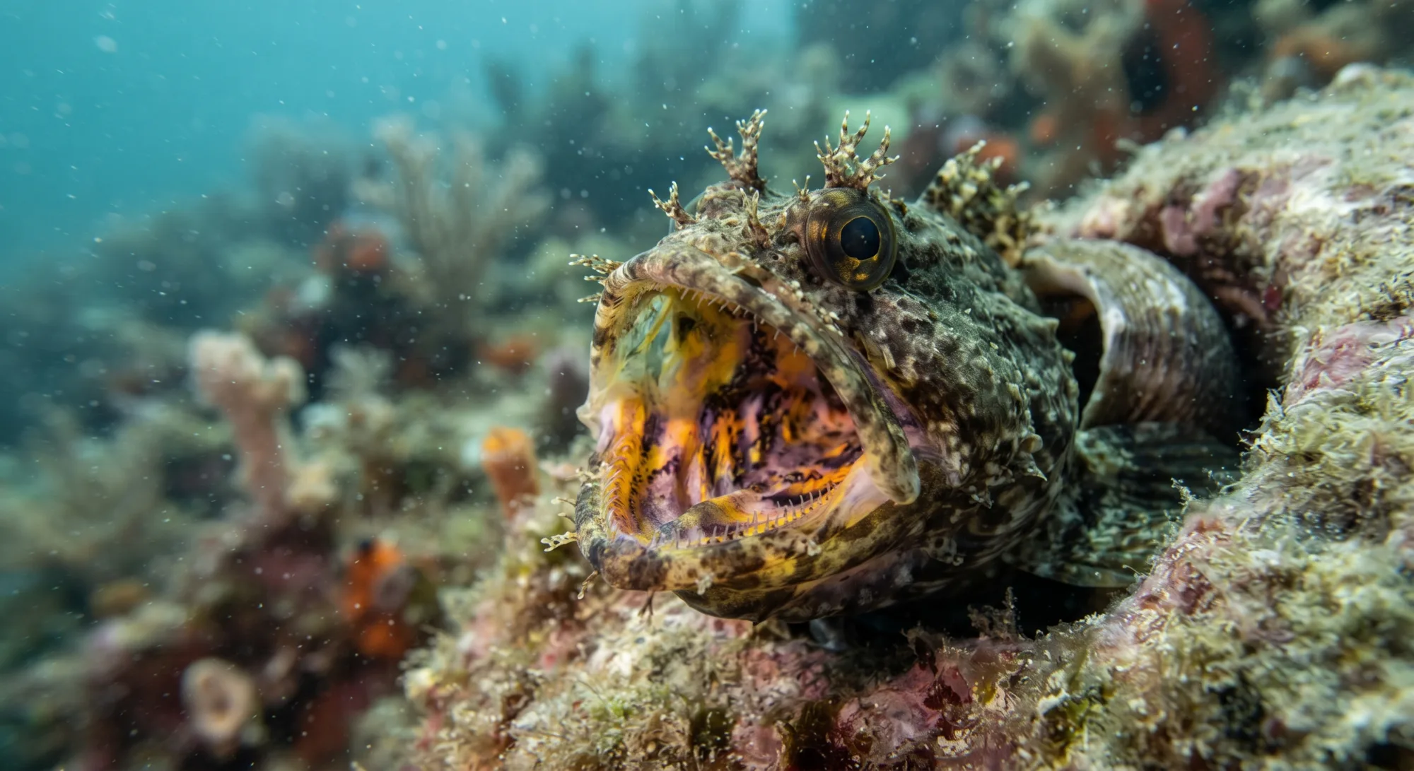 Warty scorpionfish with mouth wide open resting on a rocky reef, its mottled skin and spiky head fins camouflaged against the coral.