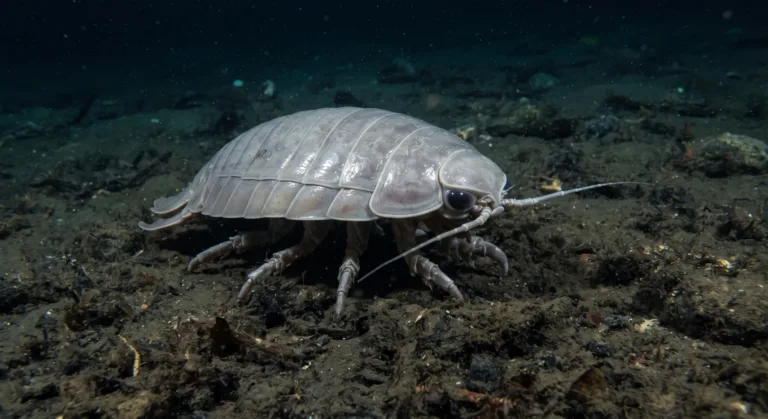 Isópode gigante rastejando no fundo do mar escuro com antenas compridas e o corpo pálido, segmentado e blindado