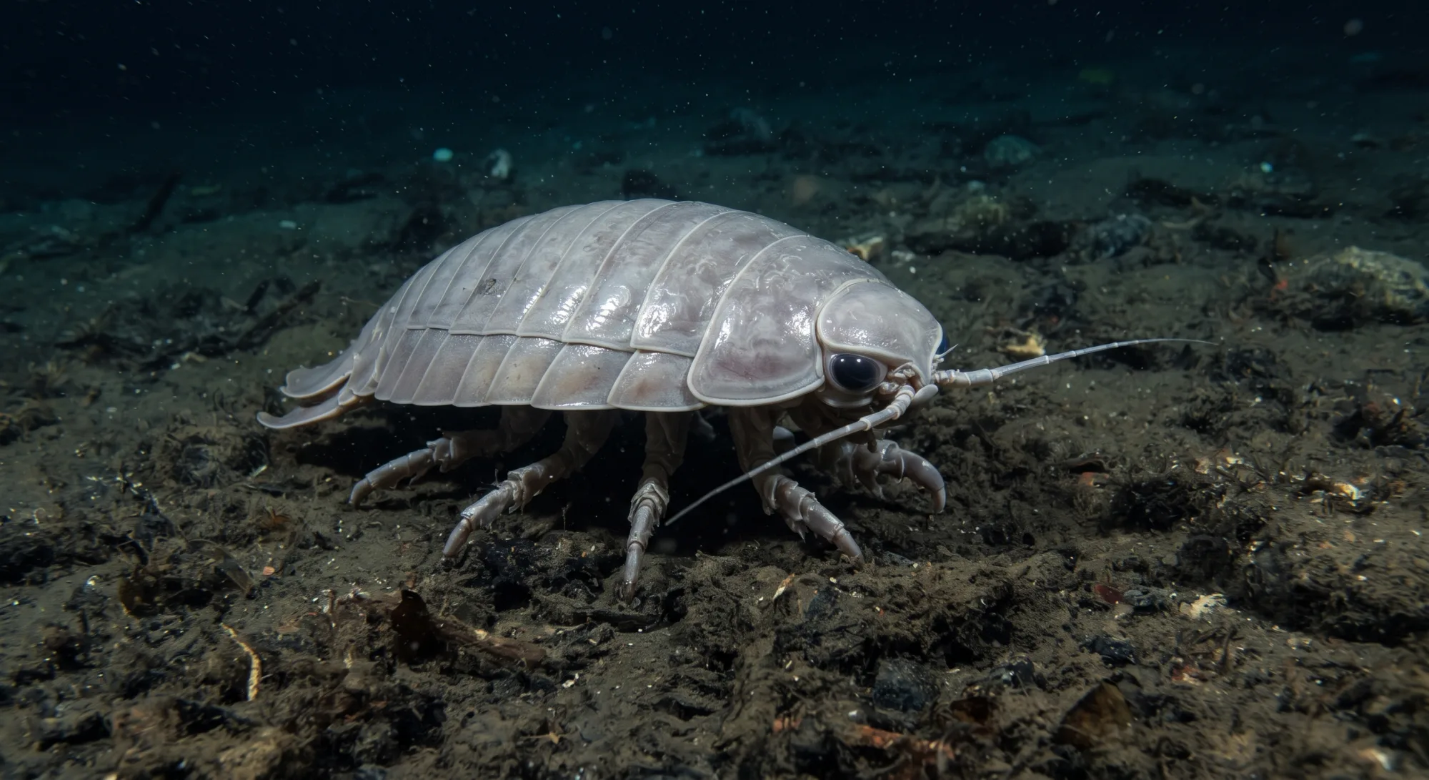 Isópodo gigante arrastrándose por el fondo marino oscuro con largas antenas y el cuerpo pálido segmentado y acorazado