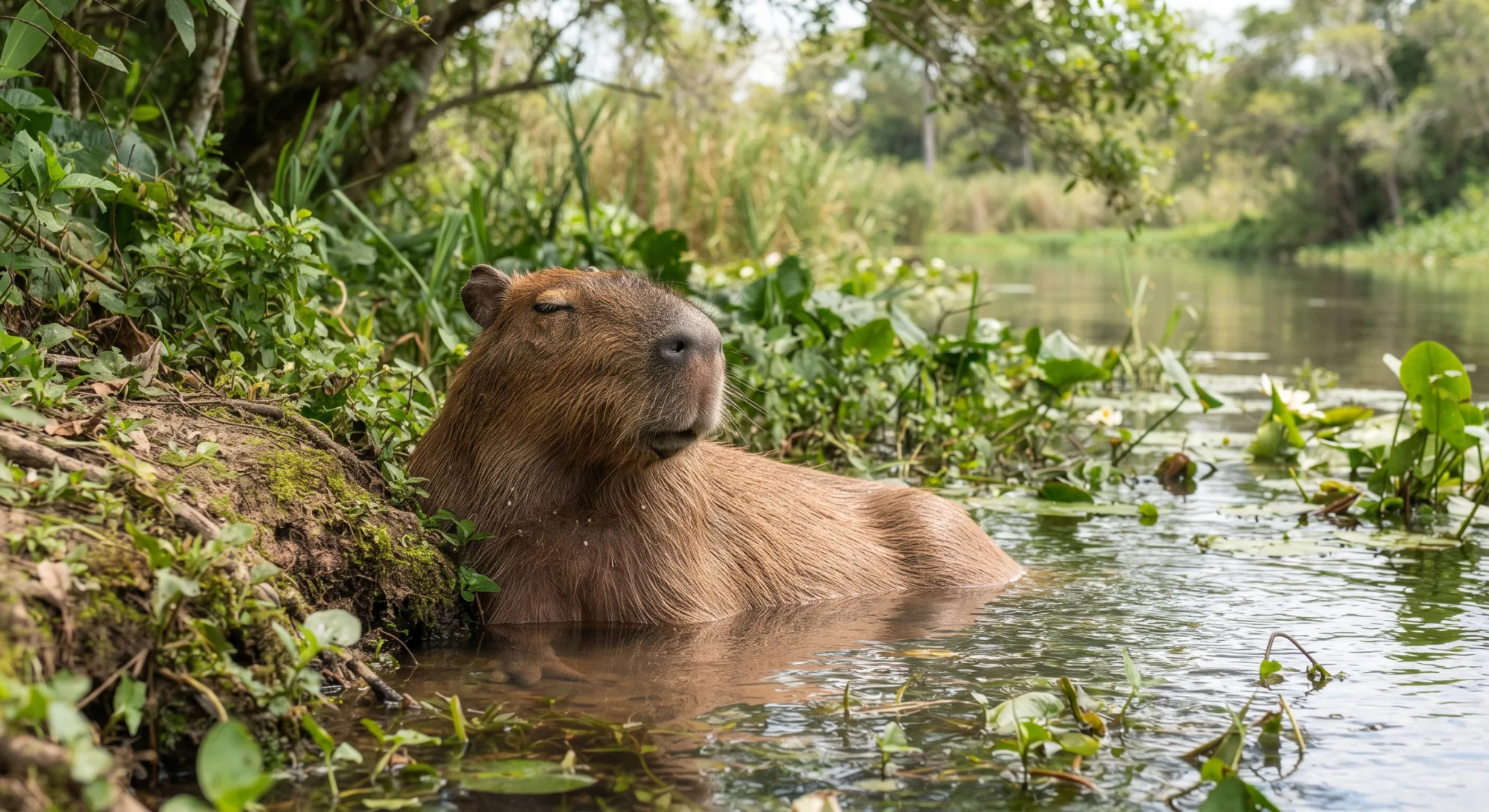 Capibara relajada con los ojos cerrados en un río poco profundo, con la cabeza fuera del agua, rodeada de plantas verdes y nenúfares