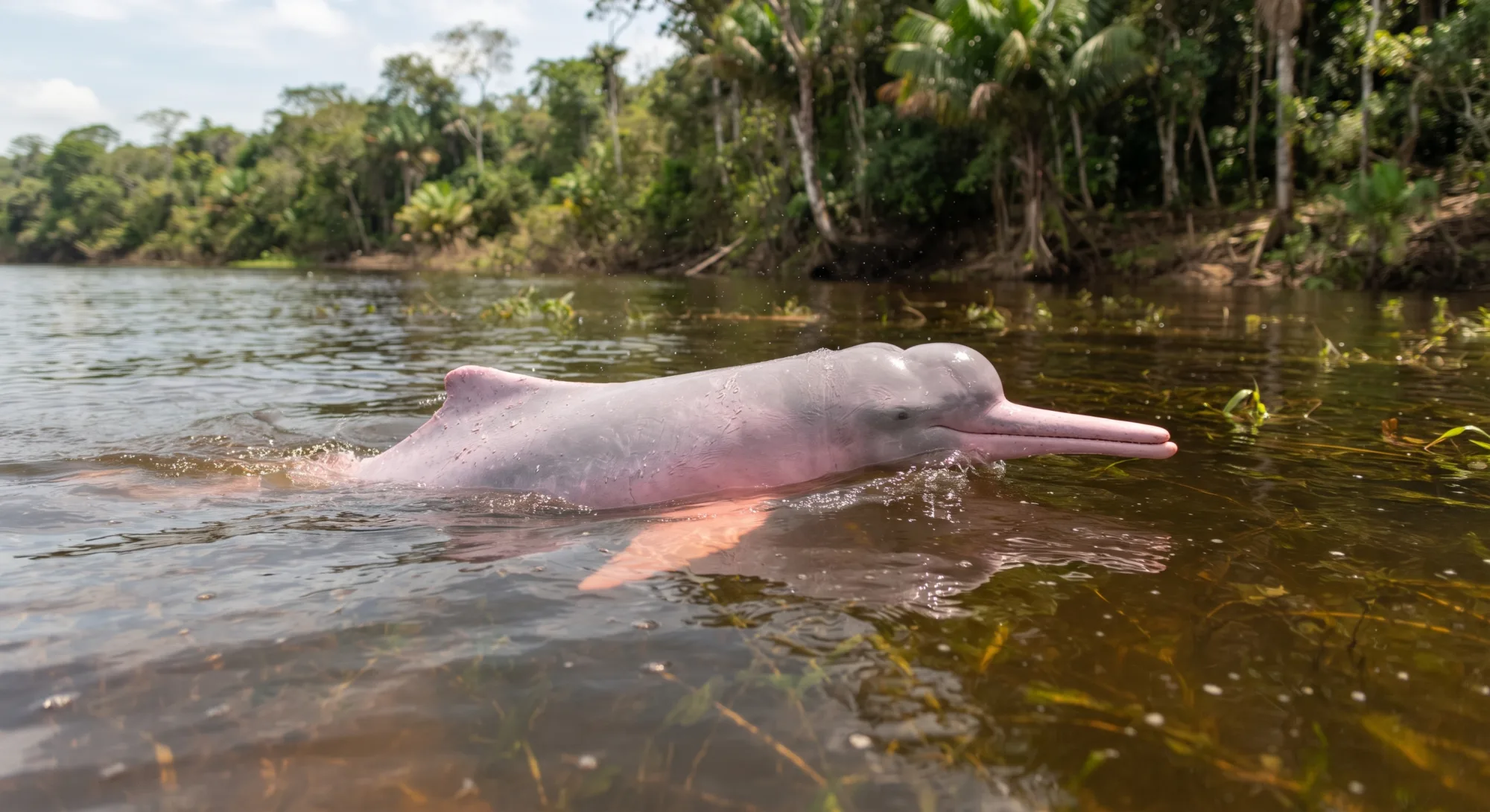Delfín rosado saliendo a la superficie en un río rodeado de selva, con el cuerpo rosa pálido y el largo pico fino sobre el agua