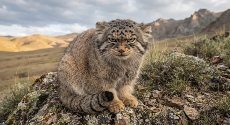 Gato-de-pallas sentado numa rocha com líquen, olhando para a câmera com cara de mal-humorado e montanhas ao fundo