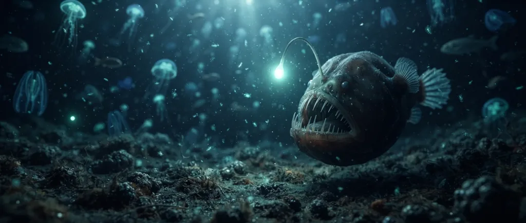 Anglerfish with a glowing lure hovering over the dark seafloor