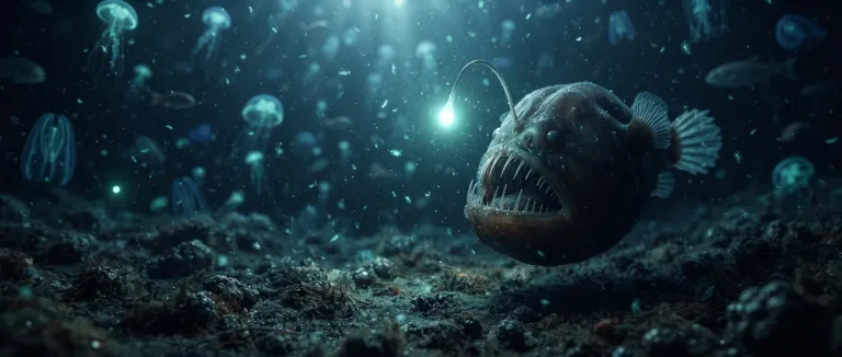 Anglerfish with a glowing lure hovering over the dark seafloor
